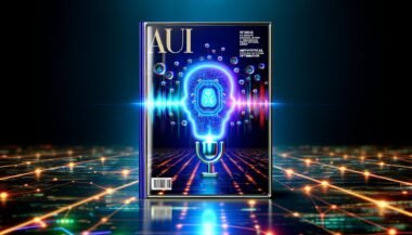 Modernes Titelbild mit Smartphone und geöffneter Clubhouse-App, digitalisierten Schallwellen und KI-Symbolen vor einer vernetzten Stadt bei Nacht in Neon-Blau.