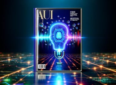 Modernes Titelbild mit Smartphone und geöffneter Clubhouse-App, digitalisierten Schallwellen und KI-Symbolen vor einer vernetzten Stadt bei Nacht in Neon-Blau.