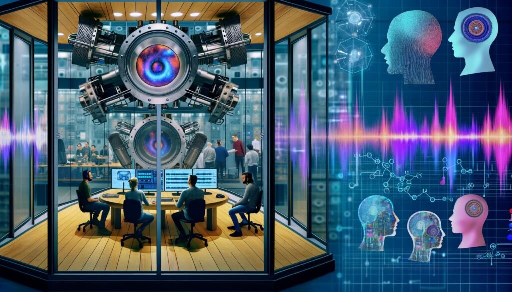 Futuristische Laborumgebung mit Forschern, die KI-generierte Sprachdaten überwachen, während digitale Avatare und Voice-Icons über einer virtuellen Audio-Chat-Oberfläche schweben.