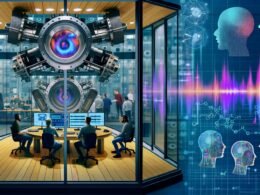 Futuristische Laborumgebung mit Forschern, die KI-generierte Sprachdaten überwachen, während digitale Avatare und Voice-Icons über einer virtuellen Audio-Chat-Oberfläche schweben.