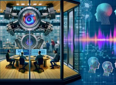Futuristische Laborumgebung mit Forschern, die KI-generierte Sprachdaten überwachen, während digitale Avatare und Voice-Icons über einer virtuellen Audio-Chat-Oberfläche schweben.