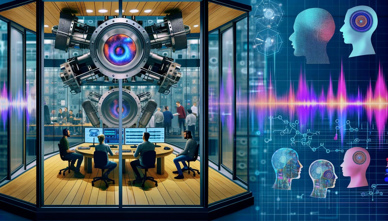 Futuristische Laborumgebung mit Forschern, die KI-generierte Sprachdaten überwachen, während digitale Avatare und Voice-Icons über einer virtuellen Audio-Chat-Oberfläche schweben.