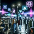 Hypermodernes Stadtbild bei Nacht mit Passanten, die AR-Brillen oder Kopfhörer tragen. Leuchtende Audio-Wellen, digitale Icons und dreidimensionale Werbeanzeigen prägen das Szenario einer vernetzten, digitalen Stadt.
