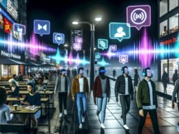 Hypermodernes Stadtbild bei Nacht mit Passanten, die AR-Brillen oder Kopfhörer tragen. Leuchtende Audio-Wellen, digitale Icons und dreidimensionale Werbeanzeigen prägen das Szenario einer vernetzten, digitalen Stadt.
