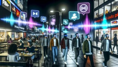 Hypermodernes Stadtbild bei Nacht mit Passanten, die AR-Brillen oder Kopfhörer tragen. Leuchtende Audio-Wellen, digitale Icons und dreidimensionale Werbeanzeigen prägen das Szenario einer vernetzten, digitalen Stadt.