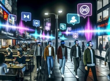 Hypermodernes Stadtbild bei Nacht mit Passanten, die AR-Brillen oder Kopfhörer tragen. Leuchtende Audio-Wellen, digitale Icons und dreidimensionale Werbeanzeigen prägen das Szenario einer vernetzten, digitalen Stadt.