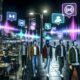 Hypermodernes Stadtbild bei Nacht mit Passanten, die AR-Brillen oder Kopfhörer tragen. Leuchtende Audio-Wellen, digitale Icons und dreidimensionale Werbeanzeigen prägen das Szenario einer vernetzten, digitalen Stadt.
