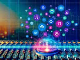 Modernes Mischpult mit leuchtenden Audio-Wellen, Social Audio-Plattform-Logos und KI-Symbolen, umgeben von Workflows und Automatisierungstools auf abstraktem, digitalem Hintergrund.
