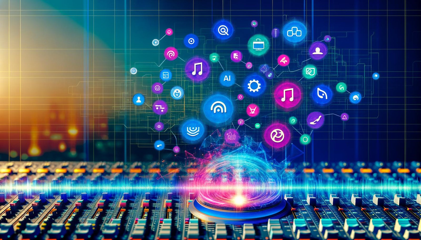 Modernes Mischpult mit leuchtenden Audio-Wellen, Social Audio-Plattform-Logos und KI-Symbolen, umgeben von Workflows und Automatisierungstools auf abstraktem, digitalem Hintergrund.