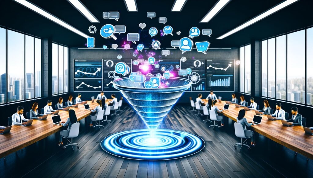 Moderner Digital-Marketing-Arbeitsplatz mit Managern, 3D-Funnel-Modell, holografischen Audiowellen, Clubhouse-Icons, digitalen KPI-Dashboards und SEO-Grafiken in kreativer, energiegeladener Atmosphäre