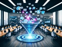 Moderner Digital-Marketing-Arbeitsplatz mit Managern, 3D-Funnel-Modell, holografischen Audiowellen, Clubhouse-Icons, digitalen KPI-Dashboards und SEO-Grafiken in kreativer, energiegeladener Atmosphäre
