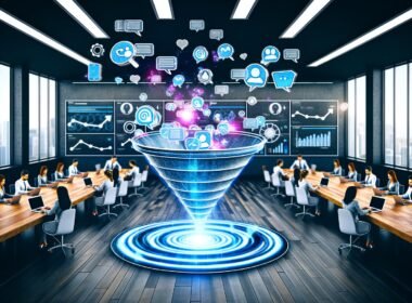 Moderner Digital-Marketing-Arbeitsplatz mit Managern, 3D-Funnel-Modell, holografischen Audiowellen, Clubhouse-Icons, digitalen KPI-Dashboards und SEO-Grafiken in kreativer, energiegeladener Atmosphäre