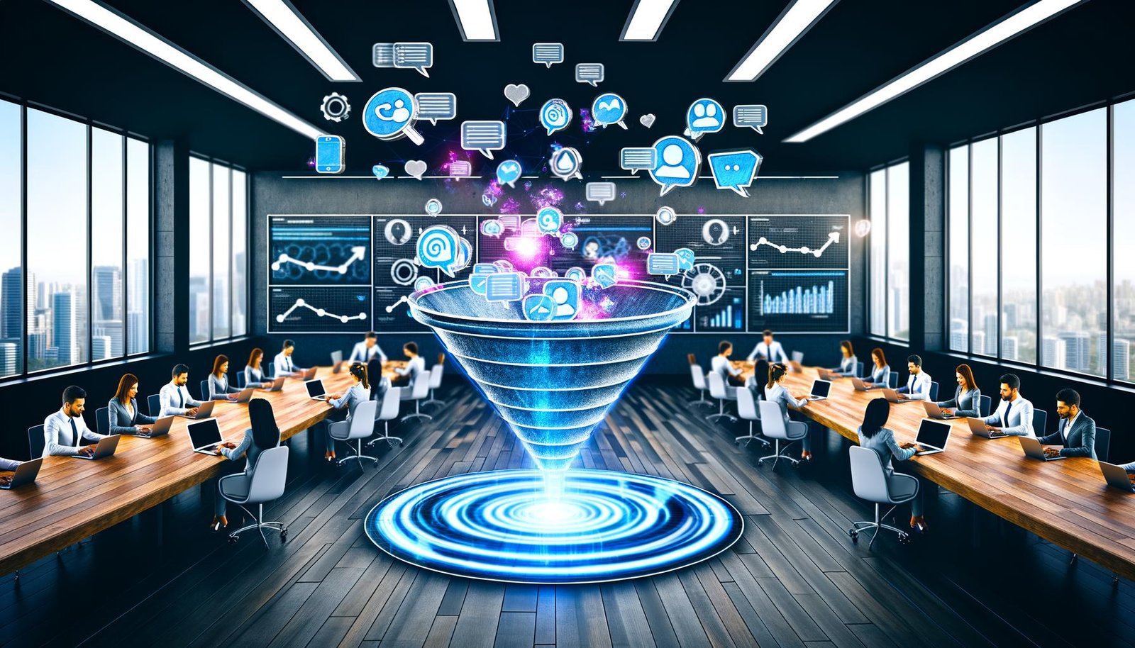Moderner Digital-Marketing-Arbeitsplatz mit Managern, 3D-Funnel-Modell, holografischen Audiowellen, Clubhouse-Icons, digitalen KPI-Dashboards und SEO-Grafiken in kreativer, energiegeladener Atmosphäre