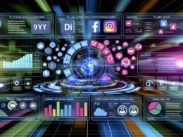 Dynamische Illustration eines modernen Social Content Dashboards mit KPIs und Datenströmen aus verschiedenen Social-Media-Plattformen, visualisiert auf einem großen futuristischen Bildschirm.