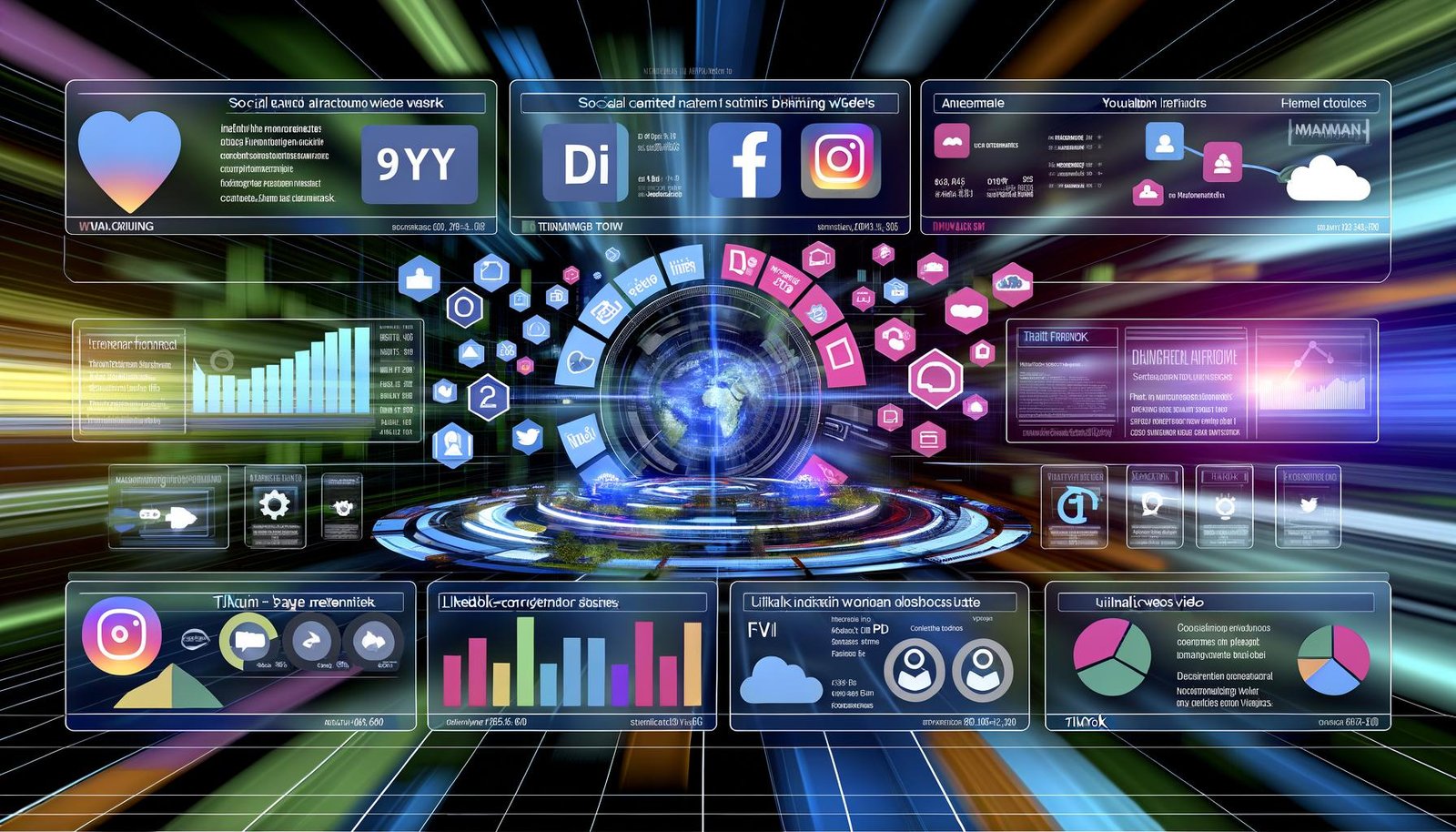 Dynamische Illustration eines modernen Social Content Dashboards mit KPIs und Datenströmen aus verschiedenen Social-Media-Plattformen, visualisiert auf einem großen futuristischen Bildschirm.