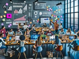 Dynamisches, diverses Redaktionsteam diskutiert lebhaft vor Laptops, großen Bildschirmen und einer Glaswand voller Post-Its in einem modernen, hellen Loft-Büro mit Social-Media-Analysen und Redaktionsplänen.