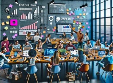 Dynamisches, diverses Redaktionsteam diskutiert lebhaft vor Laptops, großen Bildschirmen und einer Glaswand voller Post-Its in einem modernen, hellen Loft-Büro mit Social-Media-Analysen und Redaktionsplänen.