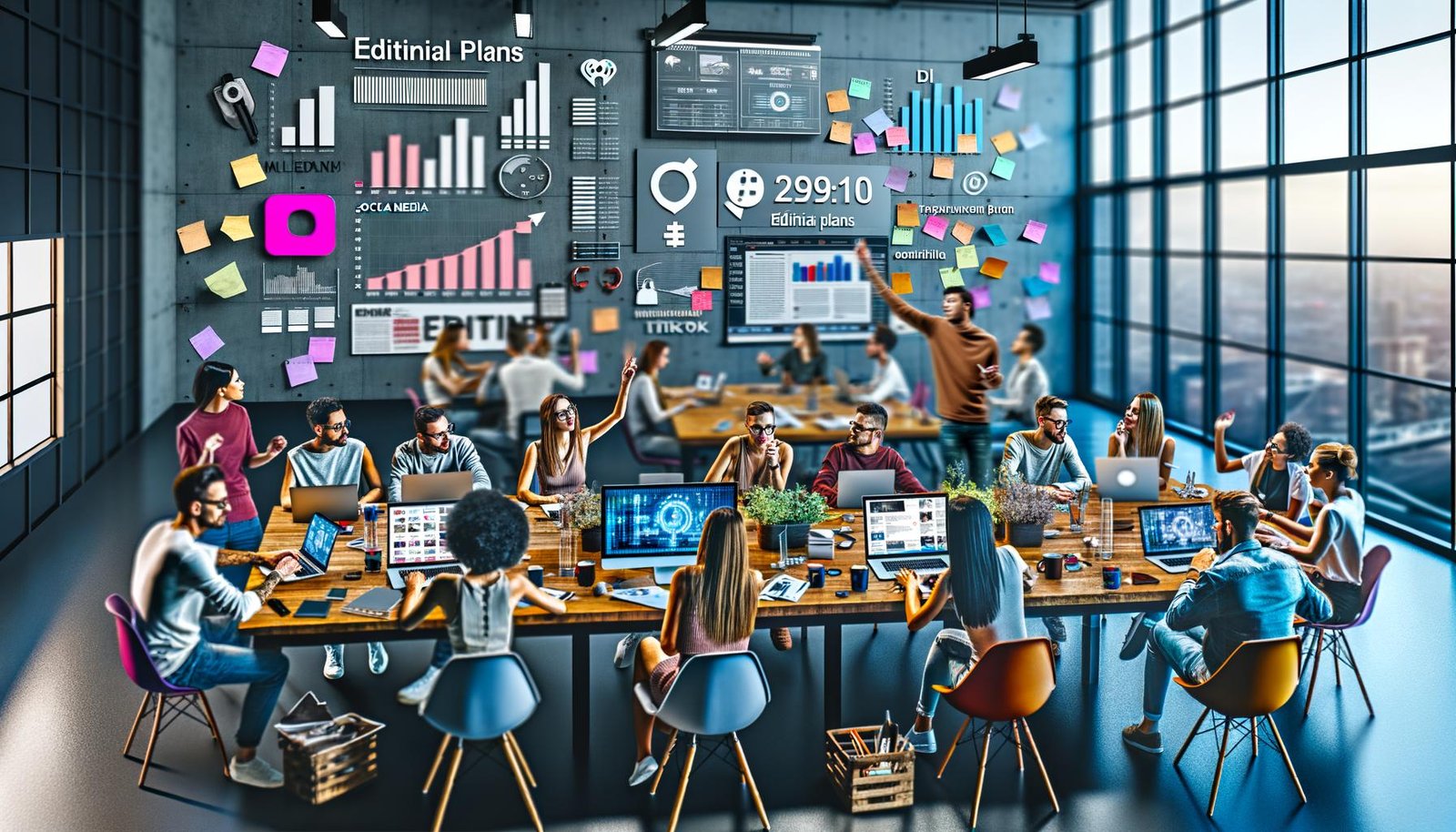 Dynamisches, diverses Redaktionsteam diskutiert lebhaft vor Laptops, großen Bildschirmen und einer Glaswand voller Post-Its in einem modernen, hellen Loft-Büro mit Social-Media-Analysen und Redaktionsplänen.