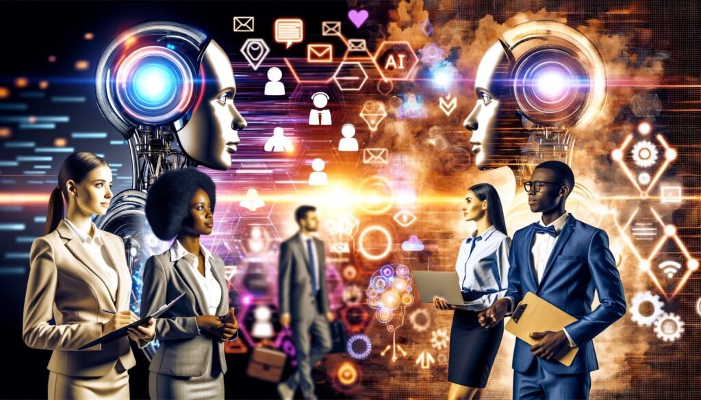 Gegenseite aus technisch wirkenden humanoiden Robotern mit Datendiagrammen und KI-Symbolen sowie professionell gekleideten Marketingberatern mit Notizblöcken und Mindmaps in einem modernen Büro, betont durch kühle und warme Farbtöne.