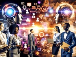 Gegenseite aus technisch wirkenden humanoiden Robotern mit Datendiagrammen und KI-Symbolen sowie professionell gekleideten Marketingberatern mit Notizblöcken und Mindmaps in einem modernen Büro, betont durch kühle und warme Farbtöne.