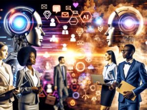Gegenseite aus technisch wirkenden humanoiden Robotern mit Datendiagrammen und KI-Symbolen sowie professionell gekleideten Marketingberatern mit Notizblöcken und Mindmaps in einem modernen Büro, betont durch kühle und warme Farbtöne.