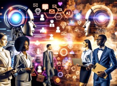 Gegenseite aus technisch wirkenden humanoiden Robotern mit Datendiagrammen und KI-Symbolen sowie professionell gekleideten Marketingberatern mit Notizblöcken und Mindmaps in einem modernen Büro, betont durch kühle und warme Farbtöne.