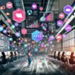Dynamische Illustration eines modernen, digitalisierten Arbeitsplatzes im Loft-Stil mit Social Media Manager:innen, großen Monitoren, KPI-Dashboards und visuellem Vergleich zwischen chaotischen und strukturierten Social-Inhalten.