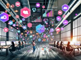 Dynamische Illustration eines modernen, digitalisierten Arbeitsplatzes im Loft-Stil mit Social Media Manager:innen, großen Monitoren, KPI-Dashboards und visuellem Vergleich zwischen chaotischen und strukturierten Social-Inhalten.