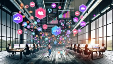 Dynamische Illustration eines modernen, digitalisierten Arbeitsplatzes im Loft-Stil mit Social Media Manager:innen, großen Monitoren, KPI-Dashboards und visuellem Vergleich zwischen chaotischen und strukturierten Social-Inhalten.