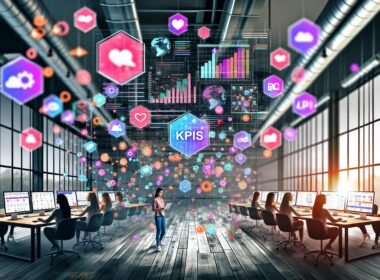 Dynamische Illustration eines modernen, digitalisierten Arbeitsplatzes im Loft-Stil mit Social Media Manager:innen, großen Monitoren, KPI-Dashboards und visuellem Vergleich zwischen chaotischen und strukturierten Social-Inhalten.
