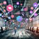 Dynamische Illustration eines modernen, digitalisierten Arbeitsplatzes im Loft-Stil mit Social Media Manager:innen, großen Monitoren, KPI-Dashboards und visuellem Vergleich zwischen chaotischen und strukturierten Social-Inhalten.
