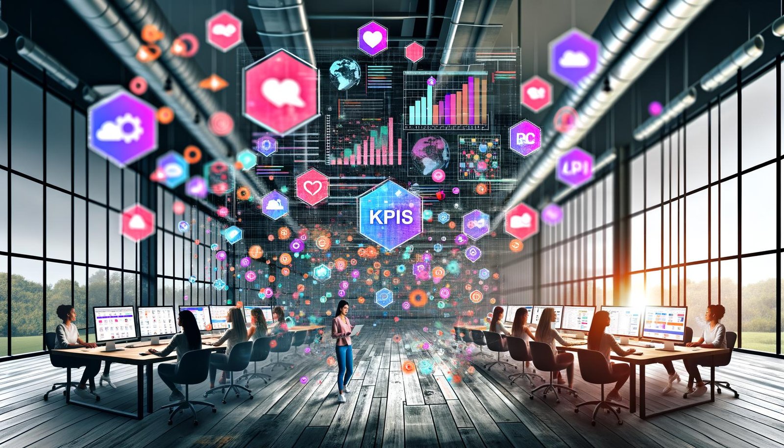 Dynamische Illustration eines modernen, digitalisierten Arbeitsplatzes im Loft-Stil mit Social Media Manager:innen, großen Monitoren, KPI-Dashboards und visuellem Vergleich zwischen chaotischen und strukturierten Social-Inhalten.