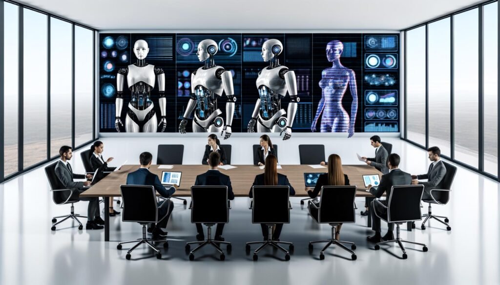 Futuristisch gestaltetes Konferenzzimmer mit menschlichen Beratern auf der einen und KI-Robotern sowie Hologrammen auf der anderen Seite, die Daten auswerten und Analysen liefern.
