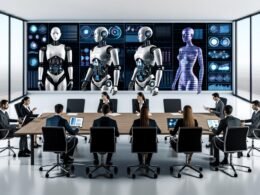 Futuristisch gestaltetes Konferenzzimmer mit menschlichen Beratern auf der einen und KI-Robotern sowie Hologrammen auf der anderen Seite, die Daten auswerten und Analysen liefern.