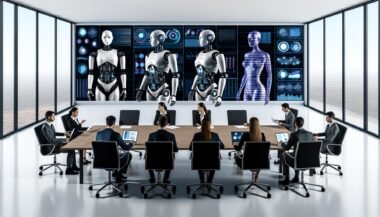 Futuristisch gestaltetes Konferenzzimmer mit menschlichen Beratern auf der einen und KI-Robotern sowie Hologrammen auf der anderen Seite, die Daten auswerten und Analysen liefern.