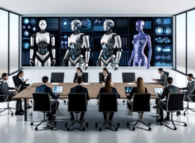 Futuristisch gestaltetes Konferenzzimmer mit menschlichen Beratern auf der einen und KI-Robotern sowie Hologrammen auf der anderen Seite, die Daten auswerten und Analysen liefern.