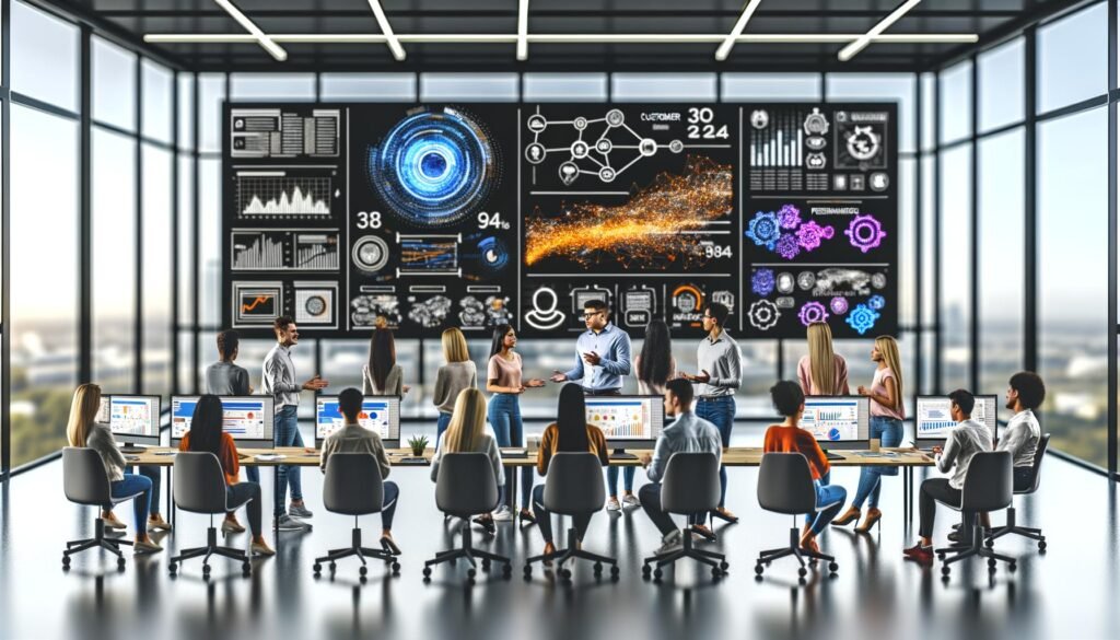 Dynamische Szene in einem modernen Großraumbüro: Junge Marketing-Expert:innen vor mehreren Screens mit Analytics-Dashboards, Datencharts und leuchtenden Vernetzungen zwischen digitalen Geräten.