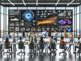 Dynamische Szene in einem modernen Großraumbüro: Junge Marketing-Expert:innen vor mehreren Screens mit Analytics-Dashboards, Datencharts und leuchtenden Vernetzungen zwischen digitalen Geräten.