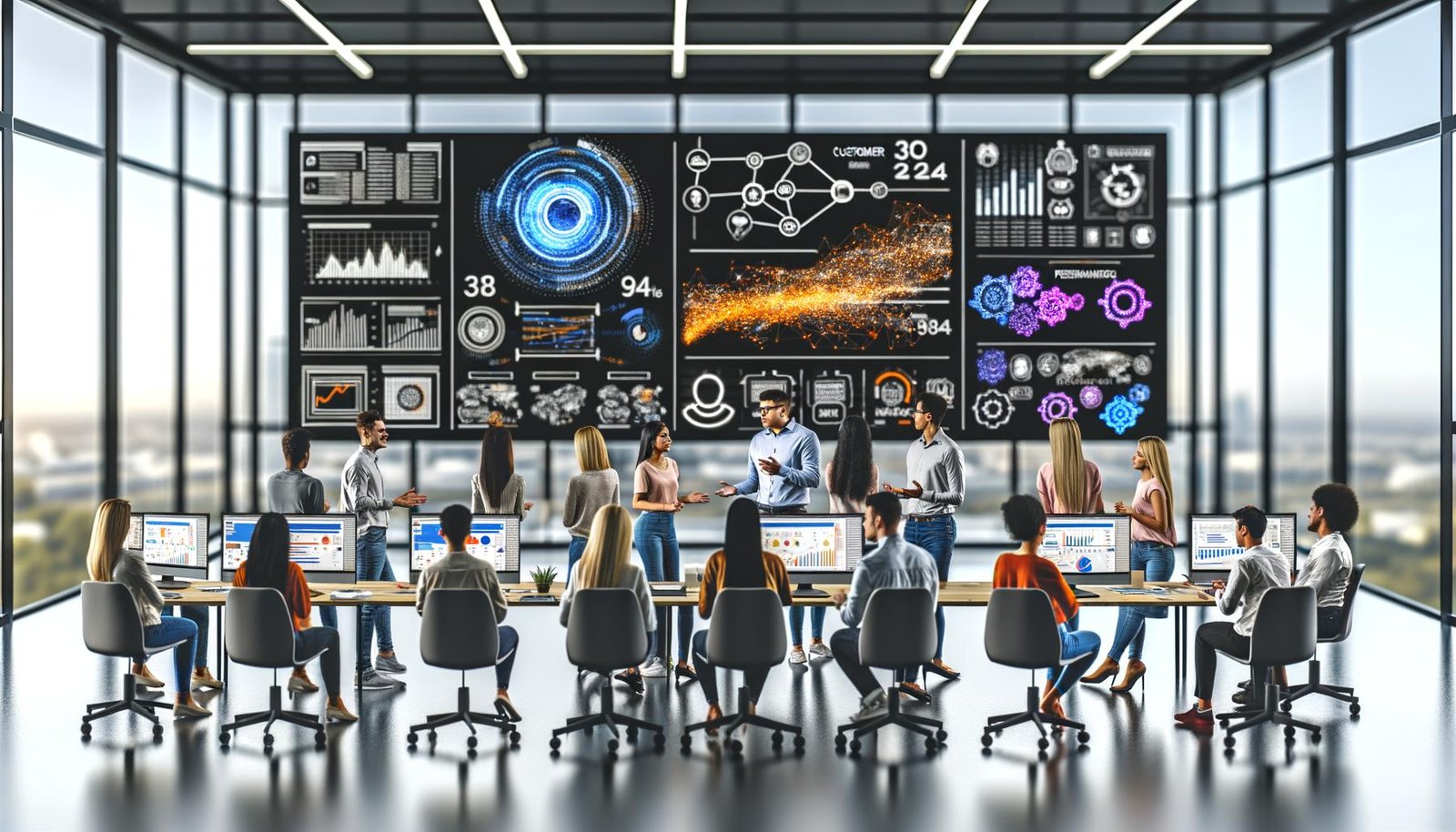 Dynamische Szene in einem modernen Großraumbüro: Junge Marketing-Expert:innen vor mehreren Screens mit Analytics-Dashboards, Datencharts und leuchtenden Vernetzungen zwischen digitalen Geräten.