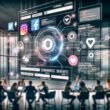 Marketer arbeiten an Laptops vor einem großen, interaktiven Touchscreen, der verschiedene Social-Media-Feeds, Bewertungen und technische Interface-Elemente in einem modernen, innovativen Büro zeigt.