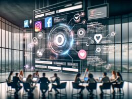 Marketer arbeiten an Laptops vor einem großen, interaktiven Touchscreen, der verschiedene Social-Media-Feeds, Bewertungen und technische Interface-Elemente in einem modernen, innovativen Büro zeigt.