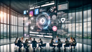 Marketer arbeiten an Laptops vor einem großen, interaktiven Touchscreen, der verschiedene Social-Media-Feeds, Bewertungen und technische Interface-Elemente in einem modernen, innovativen Büro zeigt.