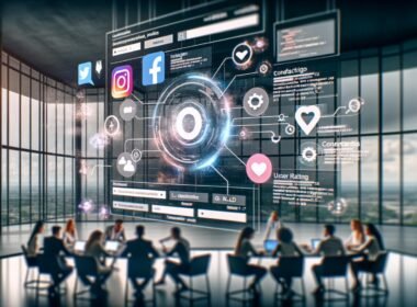 Marketer arbeiten an Laptops vor einem großen, interaktiven Touchscreen, der verschiedene Social-Media-Feeds, Bewertungen und technische Interface-Elemente in einem modernen, innovativen Büro zeigt.