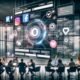 Marketer arbeiten an Laptops vor einem großen, interaktiven Touchscreen, der verschiedene Social-Media-Feeds, Bewertungen und technische Interface-Elemente in einem modernen, innovativen Büro zeigt.