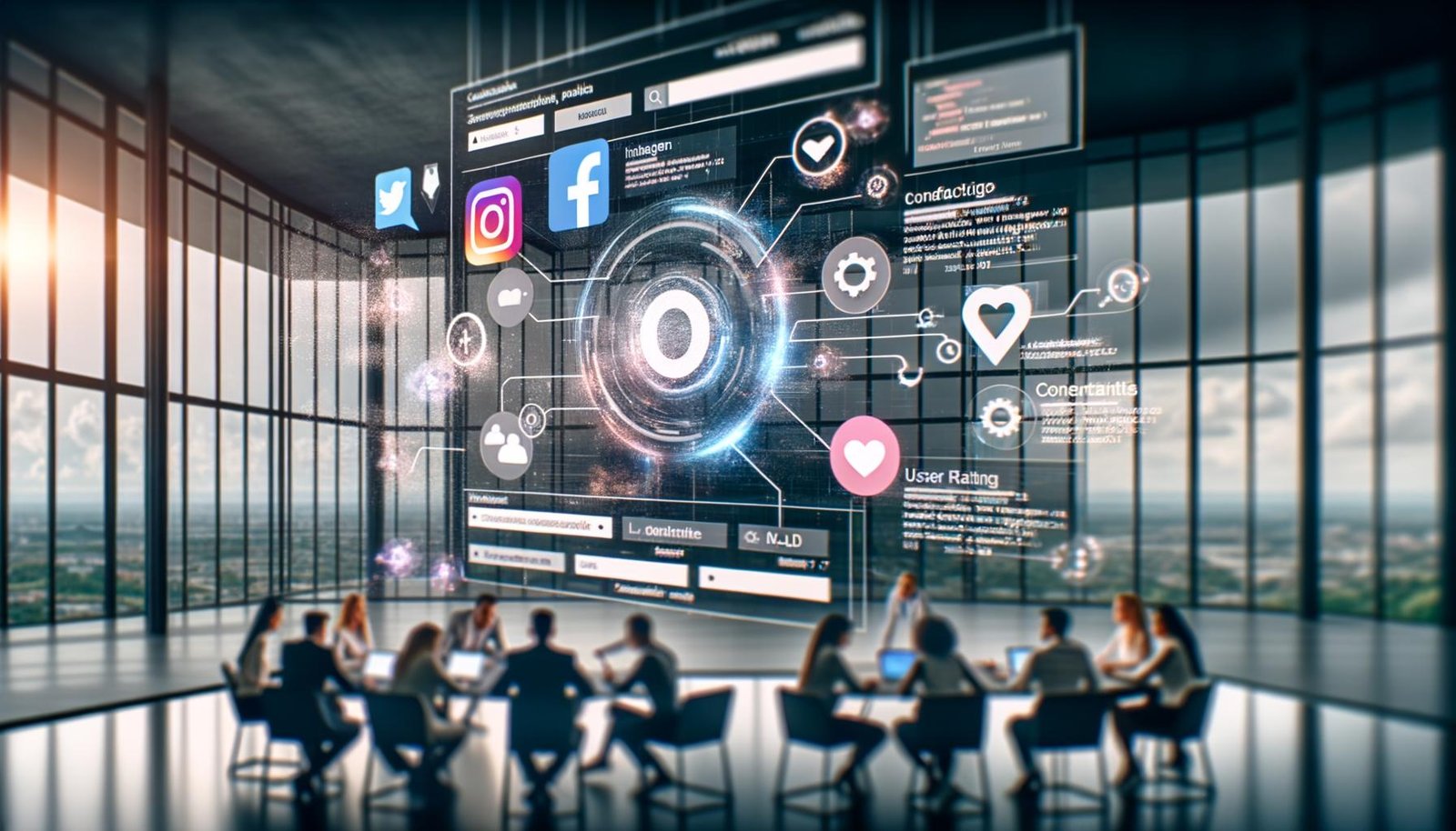 Marketer arbeiten an Laptops vor einem großen, interaktiven Touchscreen, der verschiedene Social-Media-Feeds, Bewertungen und technische Interface-Elemente in einem modernen, innovativen Büro zeigt.