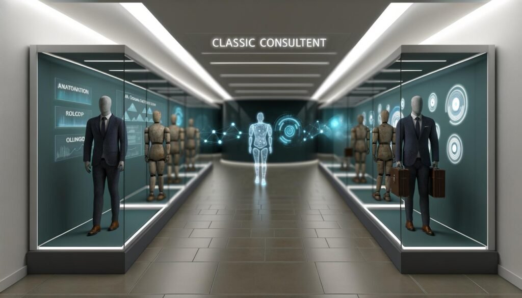 Futuristischer Museumssaal mit alten Beraterfiguren in Vitrinen und modernen Robotern mit Hologrammen, die den Wandel zum digitalen Online-Marketing zeigen.