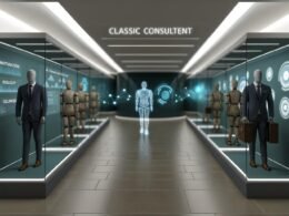 Futuristischer Museumssaal mit alten Beraterfiguren in Vitrinen und modernen Robotern mit Hologrammen, die den Wandel zum digitalen Online-Marketing zeigen.