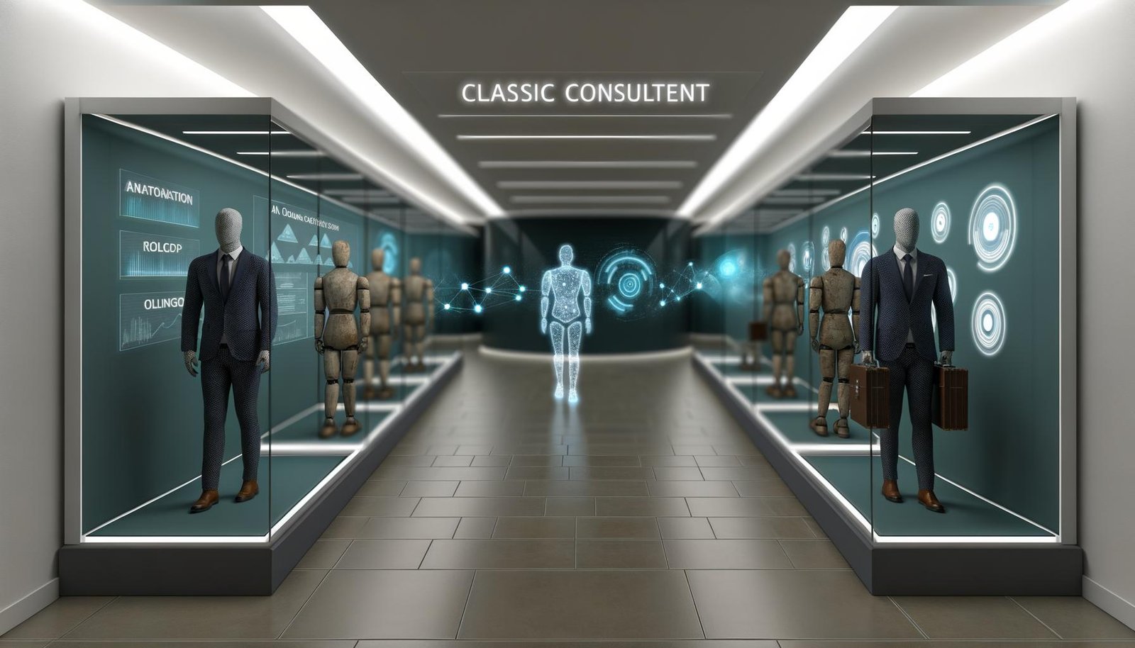 Futuristischer Museumssaal mit alten Beraterfiguren in Vitrinen und modernen Robotern mit Hologrammen, die den Wandel zum digitalen Online-Marketing zeigen.
