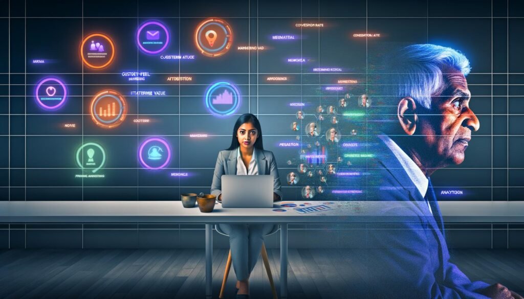 Futuristisches Büro mit Marketer an transparenten Bildschirmen, farbenfrohen Dashboards und Analysemetriken, im Kontrast zu einer verblassenden Silhouette eines Geschäftsmannes im Hintergrund.