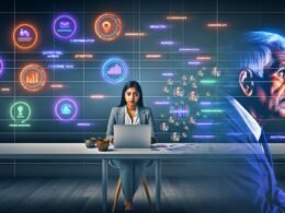 Futuristisches Büro mit Marketer an transparenten Bildschirmen, farbenfrohen Dashboards und Analysemetriken, im Kontrast zu einer verblassenden Silhouette eines Geschäftsmannes im Hintergrund.